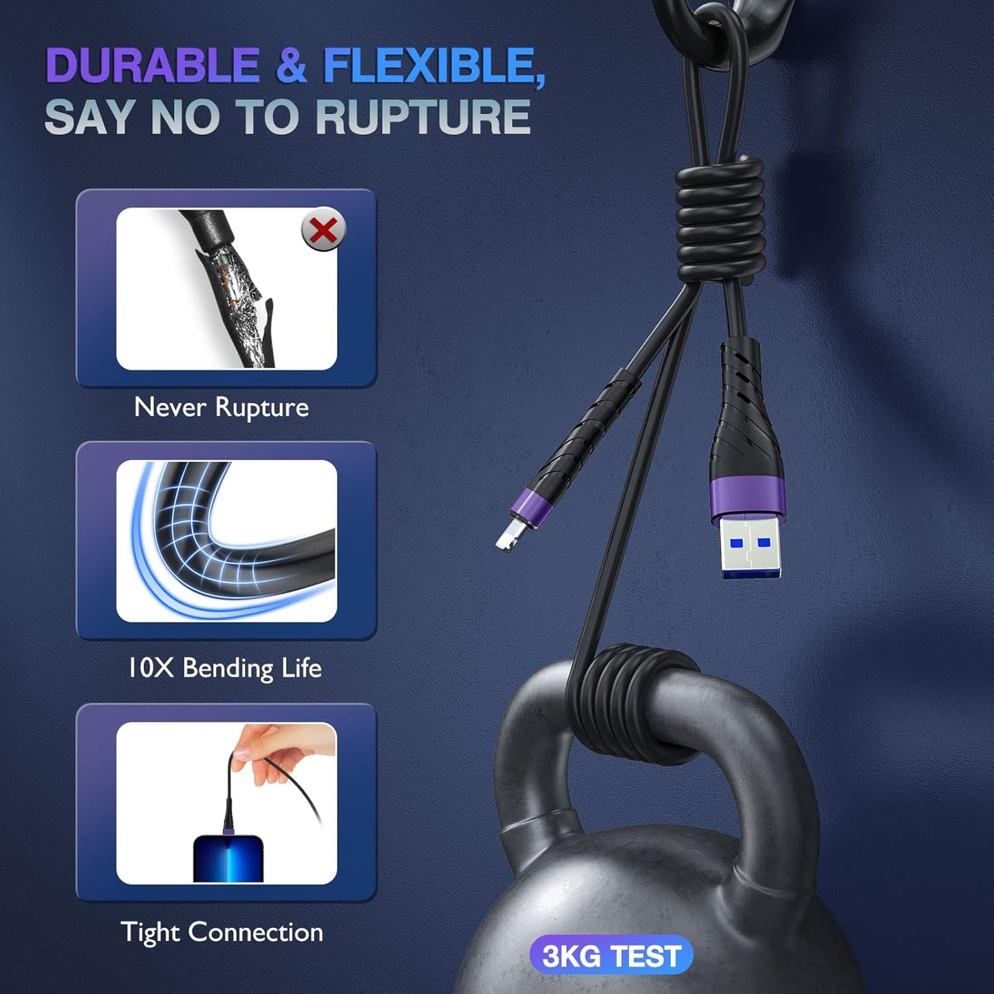 OIITH MFi Certified for iPhone Charger Cable 3 Pack 10 Ft, Extra Long for Lightning Charging Cord, Fast 2.4A for iPhone USB Cord Compatible with iPhone12/11/XS/Max/XR/X/8/8P/7P/6/iPad - Purple