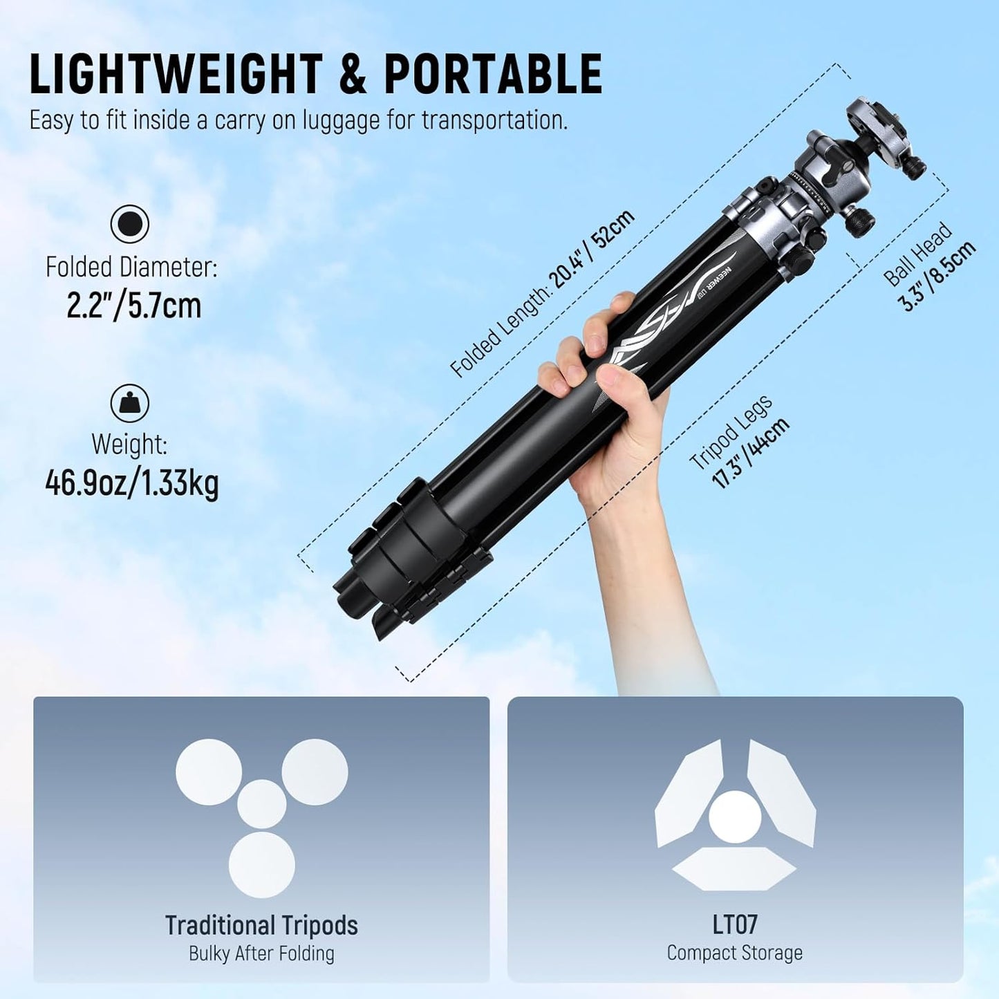 NEEWER LITETRIP LT07 61" Aluminum Travel Tripod for Camera w Pan Tilt Low Profile Ball Head, Arca QR Plate Compatible with Peak Design Tripod Plate V3, Dual Center Axis, Phone Holder, Max Load 22lb
