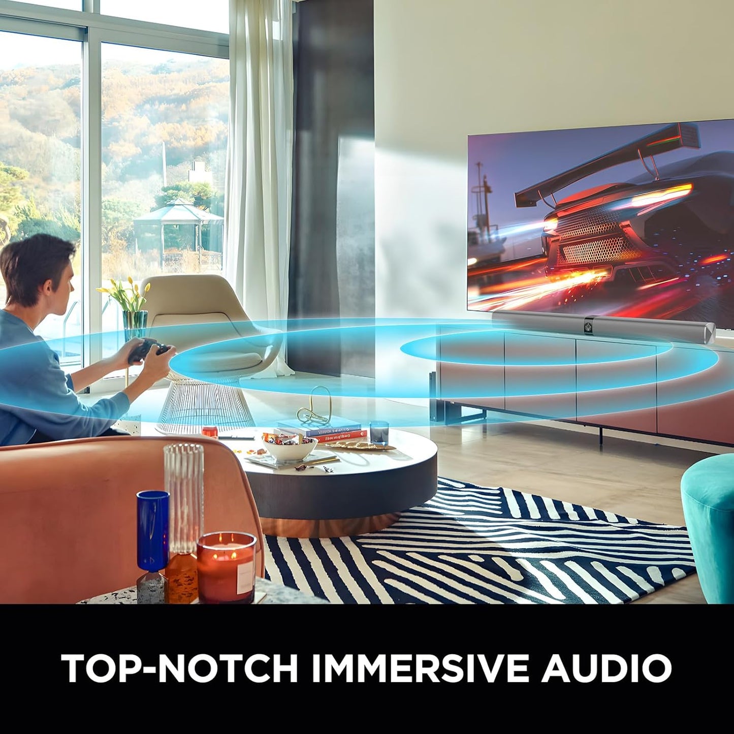 Sound Bar, 80W Soundbar with Bluetooth/ARC/Opt/AUX Connect, with Volume Boost, 3 Equalizer Modes, 2 in 1 Detachable Soundbar for TV/PC/Gaming/Projectors