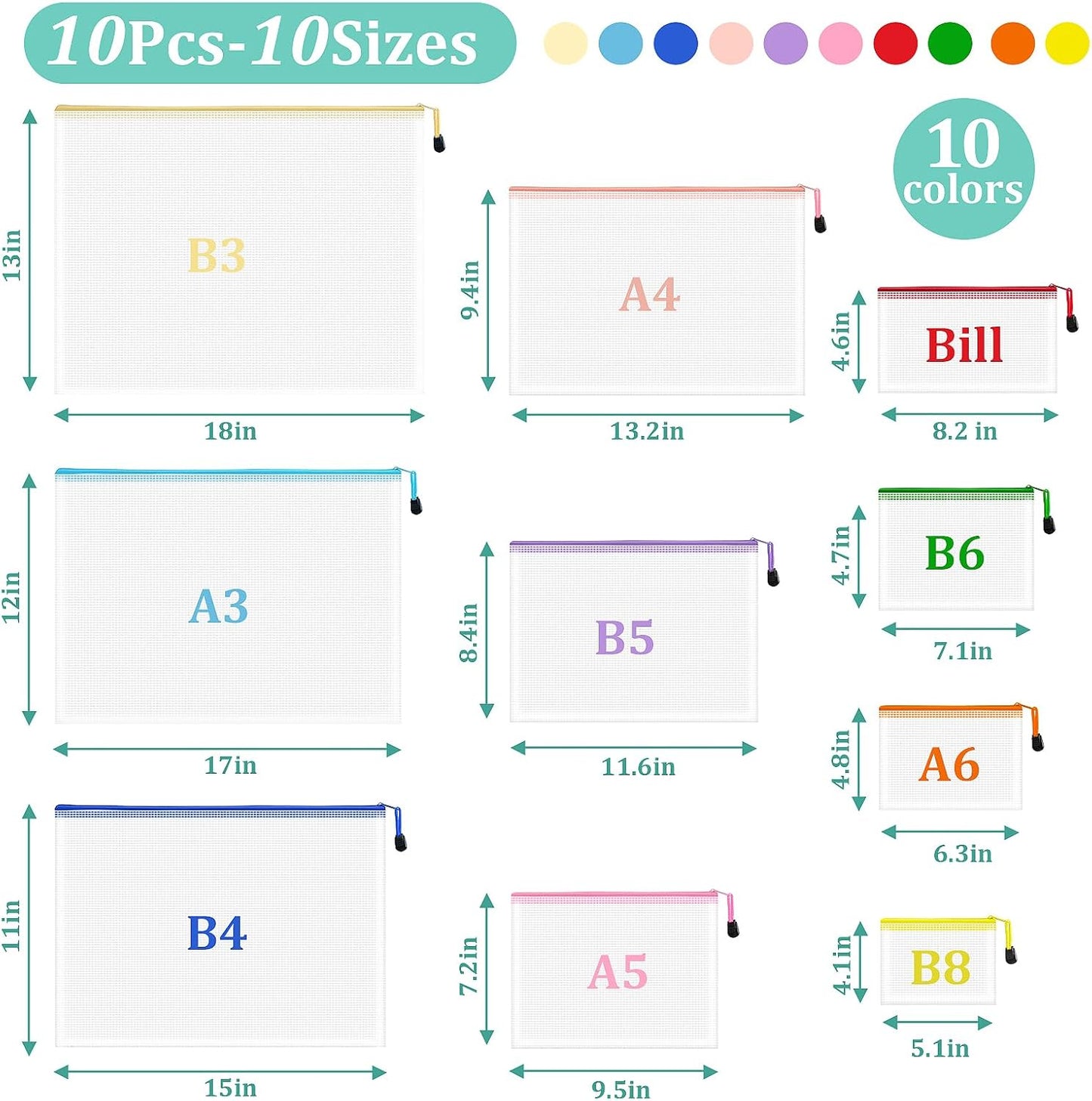 10pcs Mesh Zipper Pouch Bags, 10 Sizes Zipper Bags for Organizing, Mesh Bags with Zipper, 10 Colors Plastic Zipper Pouches, Puzzle Bags, Board Game Storage Bags, Travel Pouch