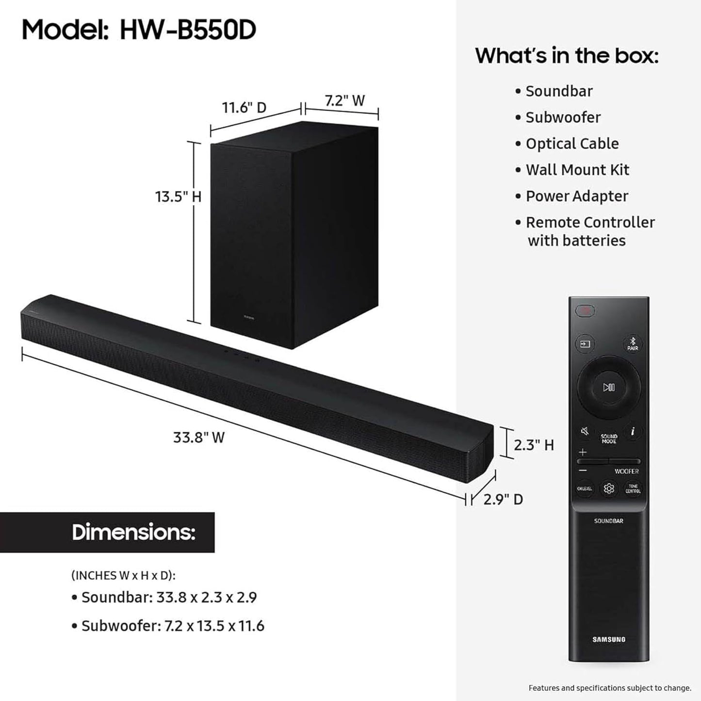 Samsung HW-B550D 3.1 ch Soundbar w/ Dolby Audio, Surround Sound expansion, Bass Boost, Adaptive Sound, DTS Virtual:X, Wireless Subwoofer, 2024