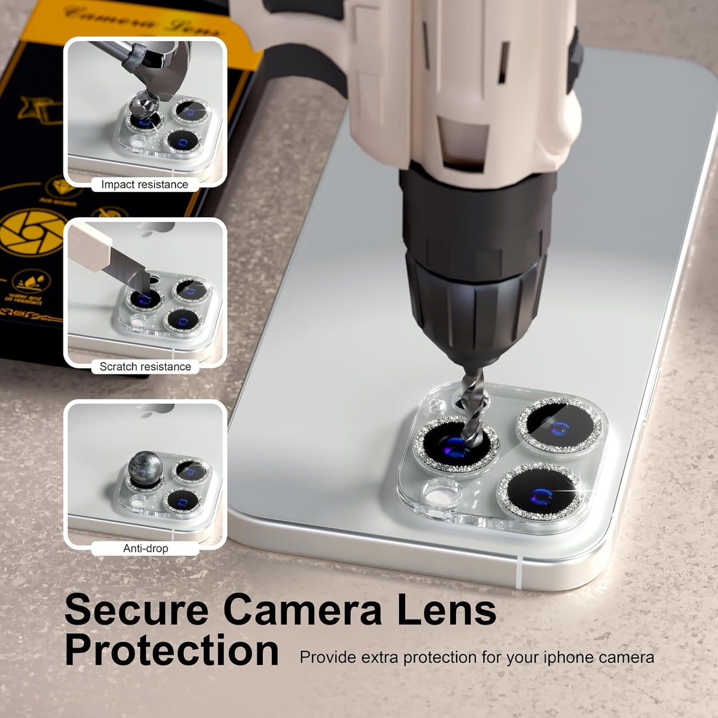 beuxece for 6 Pack iPhone 15 Pro/iPhone 15 Pro Max Camera Lens Protector [Drop Protection] [Case Friendly] [Easy Installation] 9H Tempered Glass Camera Screen Protector Cover, Glitter Silver