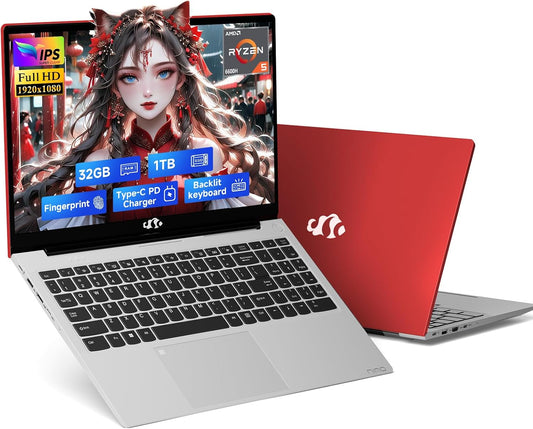 NIMO 15.6" IPS FHD-Gaming-Laptop, 6 Cores AMD Ryzen 5 6600H 32GB DDR5 RAM 1TB SSD (Beat i7-1165G7 up to 4.5GHz) 660M 6nm GPU-Computer with 100W Type-C Backlit Keyboard, Fingerprint