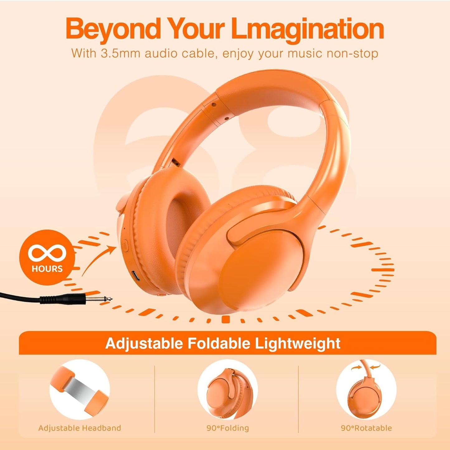 MIDOLA Bluetooth Headphones Over Ear 68H Playtime 6 EQ Wireless Headset with Microphone HiFi Stereo Foldable Lightweight Deep Bass for Travel Home Office Cellphone Orange