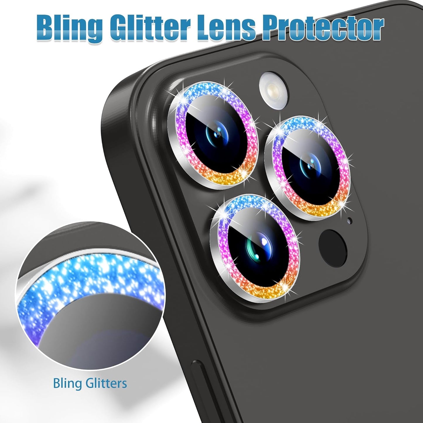 AGVEE 3+3 6 Pack for iPhone 15 Pro 6.1" / 15 Pro Max 6.7" Camera Lens Protector, Bling Diamond & Bling Glitter Metal Ring 9H Tempered HD Glass Camera Protector Cover Film, Bling-Colorful
