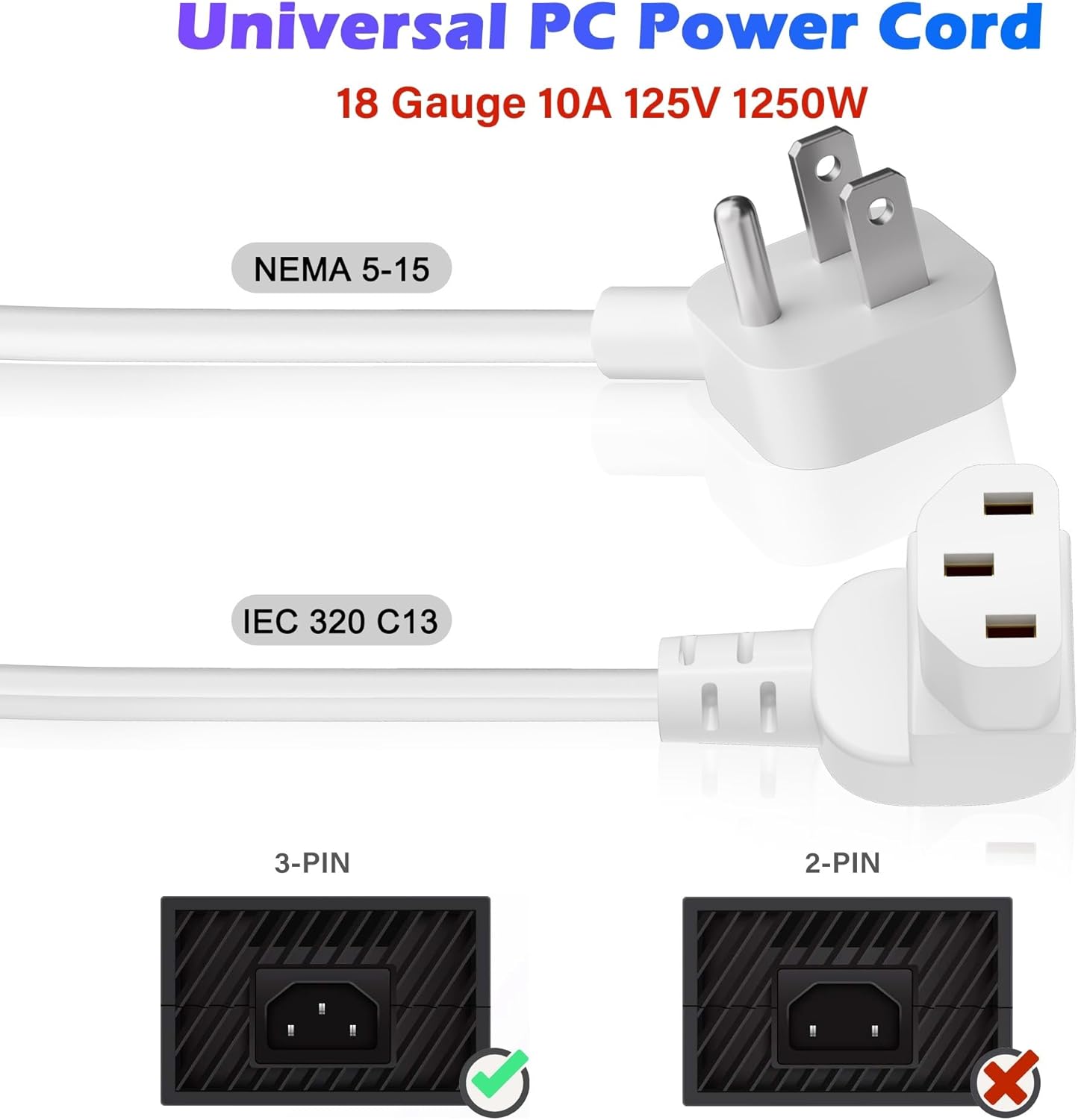 Adoreen 20 Ft Computer TV Replacement Power Cord White, Low Profile Flat Plug to 90 Degree Angled L-Shaped 18AWG 3-Prong AC Universal Power Supply Cable for Printer, PC, Monitor TV LCD, ETL+Ties