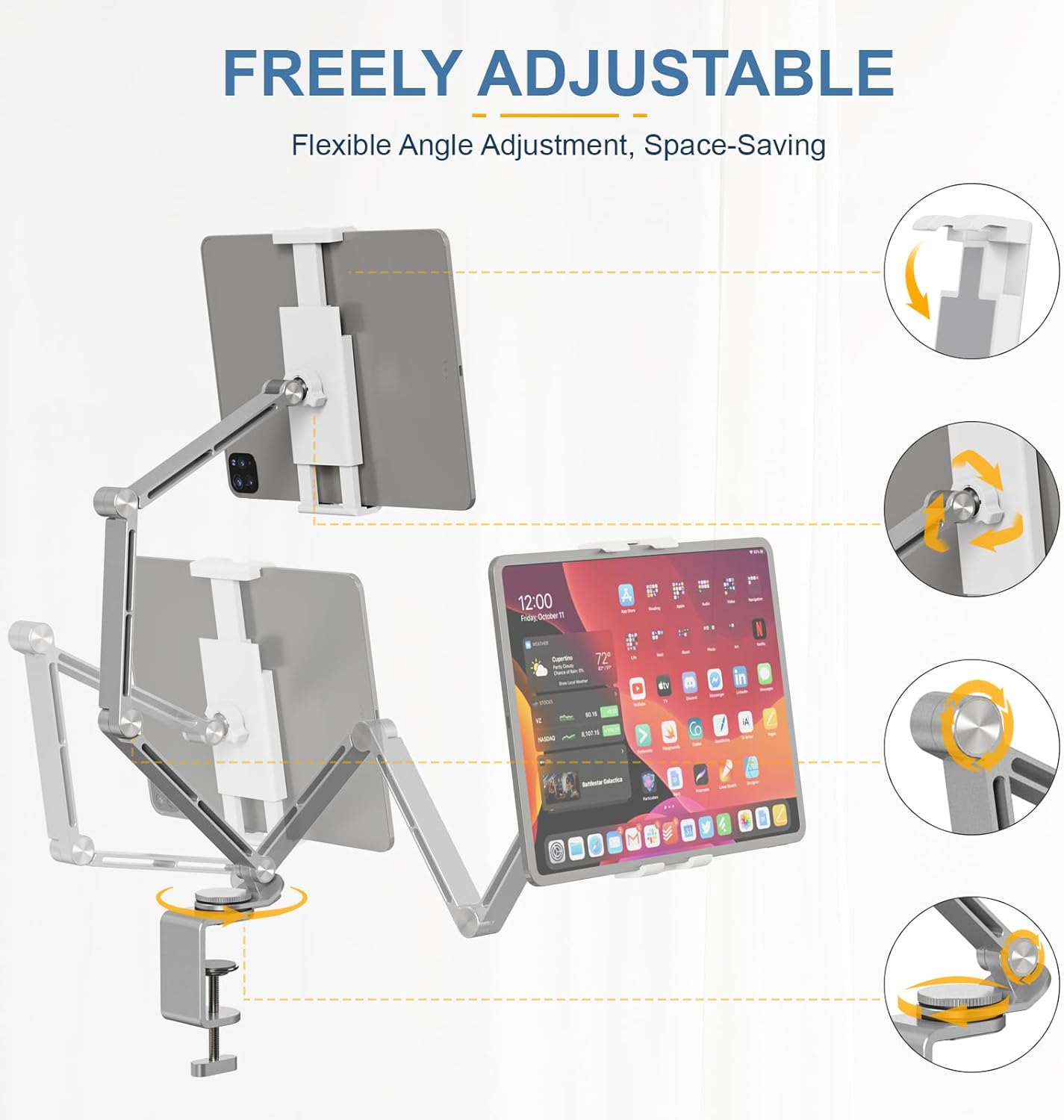 Tablet Stand Holder, Adjustable Foldable Tablet Arm iPad Desk Mount with 360°Rotate Base, Phone Holder iPad Stand for Desk and Bed, Compatible with Tablets, Phones or Other 4-15.6" Device