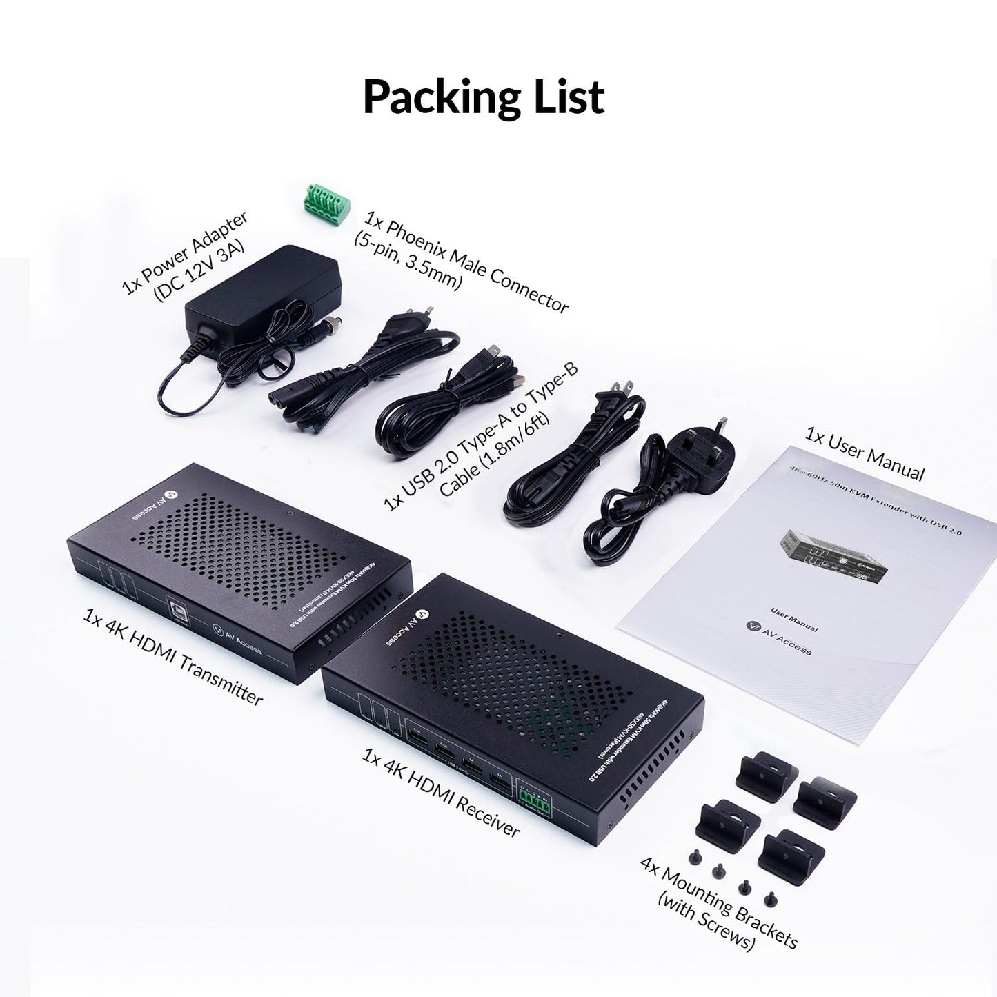 AV Access HDMI USB KVM Extender, 50m/164ft 4K 60Hz Over Cat5e/6/6a/7, Support 2K@144Hz, 1080P@240Hz, 4 Ports USB2.0, HDCP2.2, No Signal Loss and Latency, POC, Independent EDID Management (4KEX50-KVM)