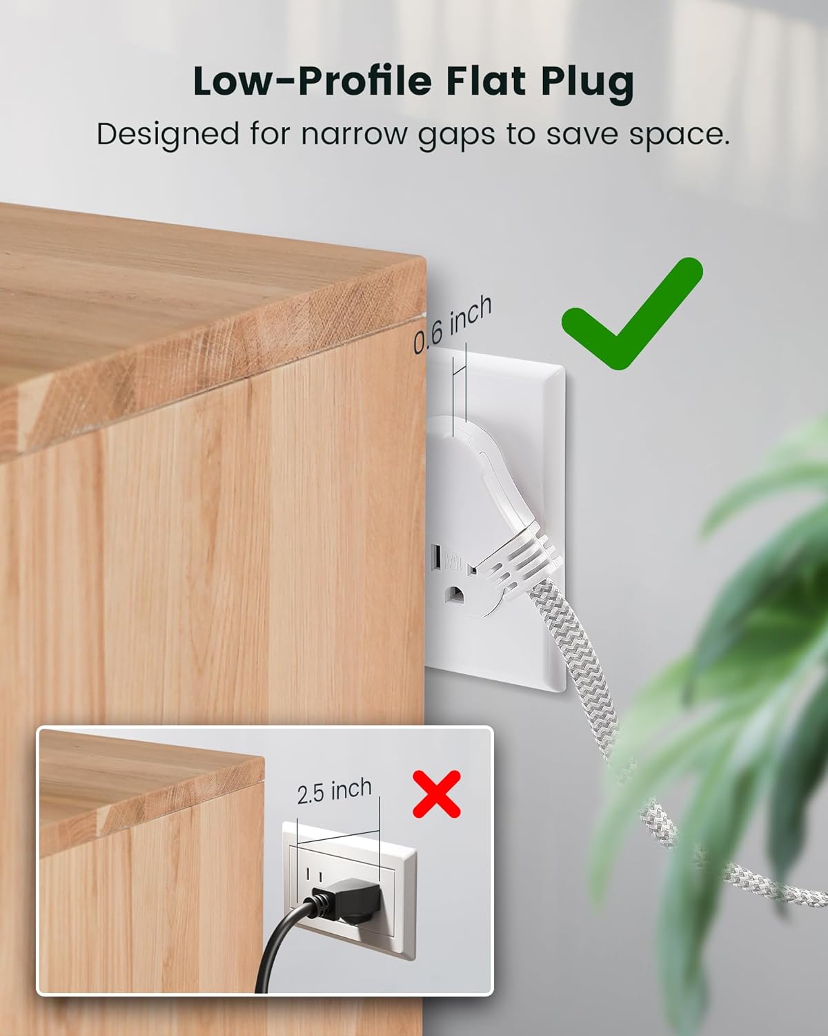 SURAIELEC 1FT Extension Cord, 360° Rotating Flat Plug Extension Cord Flat Wall Plug with 3 Outlets, White Braided Flat Cord for Indoor Use, Compact Areas, 16/3C SPT, ETL Listed, 2 Pack