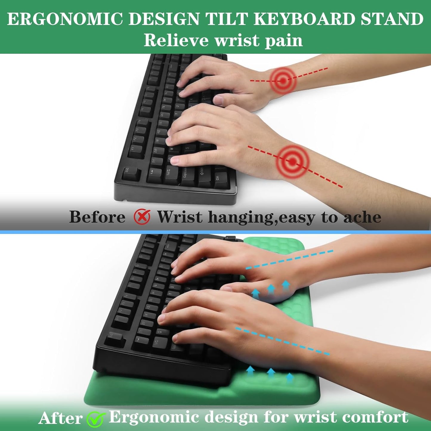 Computer Keyboard Stand Pad with Wrist Rest, Ergonomic Comfy Tilted Keyboard Stand Riser Holder Pad for Office Home (Green)