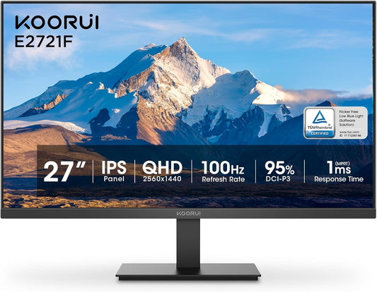 KOORUI 27 Inch QHD (2560x1440) IPS Ultra-Thin Computer Gaming Monitor, 100Hz Refresh Rate, DCI-P3 95%, FreeSync & G-Sync, 1ms MPRT, VESA 100x100mm, Tilt Adjustable for Game and Work