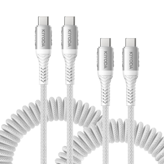 USB C to C Cable 6ft for Car, Coiled Braided USB Type C Cable 66W Fast Charging Cord USBC Cables Compatible with iPhone 17 16 15 Pro Max, iPad, Samsung Galaxy, Google Pixel Phones-Silver 2Pack