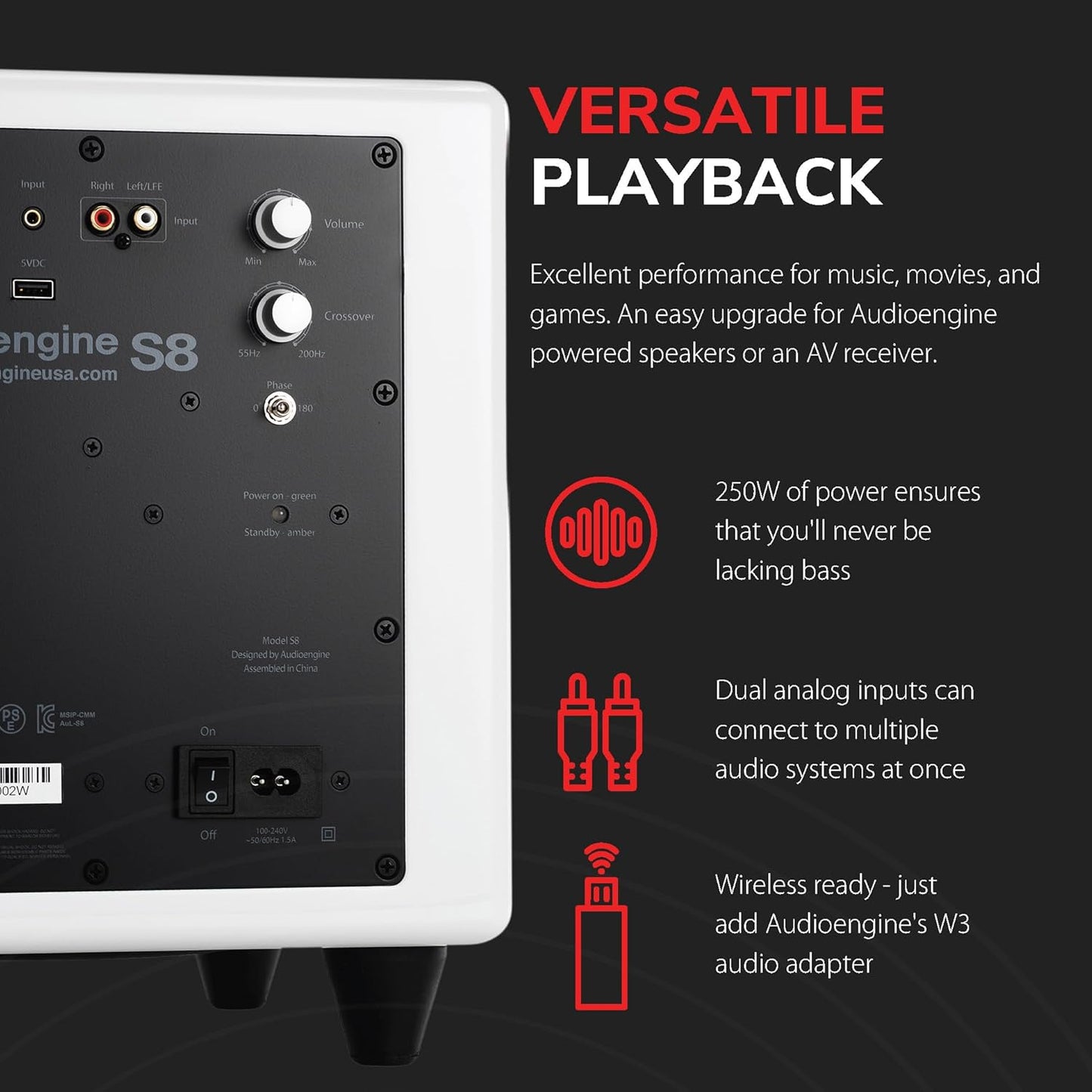 Audioengine S8 Powered Subwoofer Speaker - 250W 8-inch Home Woofer with Built-in Amplifier and Dual Audio Inputs for Home Audio