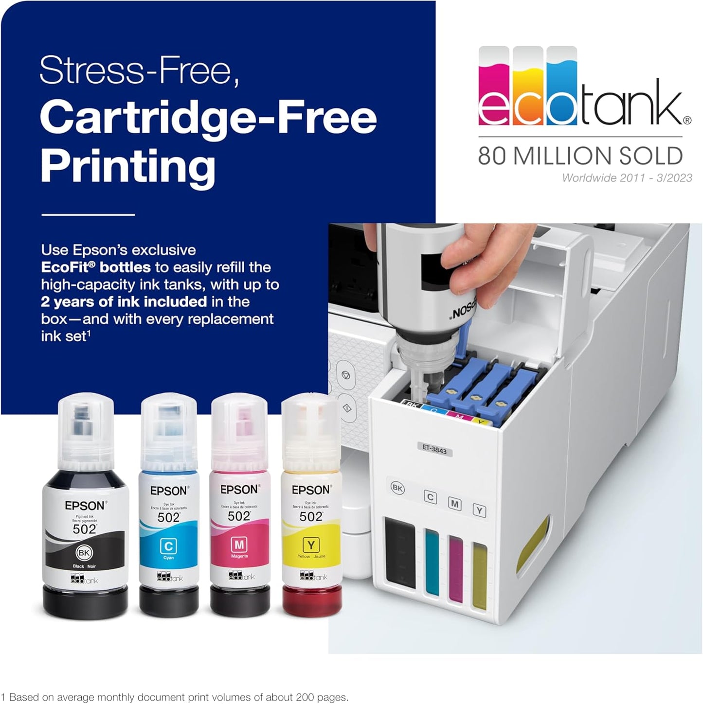 Epson EcoTank ET-3843 Wireless Color All-in-One Cartridge-Free Supertank Printer with Scanner, Copier, ADF and Ethernet-for The Ultimate Home Office, White