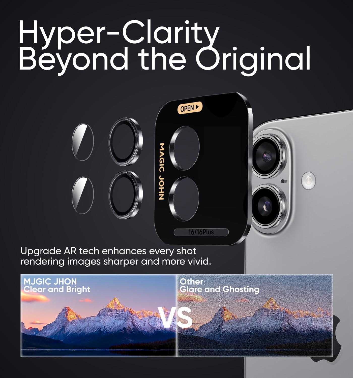 MAGIC JOHN for iPhone 16Plus/16 Camera Lens Protector [Alignment Kit&1:1 Invisible Perfect Fit] 9H Aerospace Tempered Glass Anti-Scratch Durable, Individual Cover Ring, Case Friendly, Set of 2, Sliver