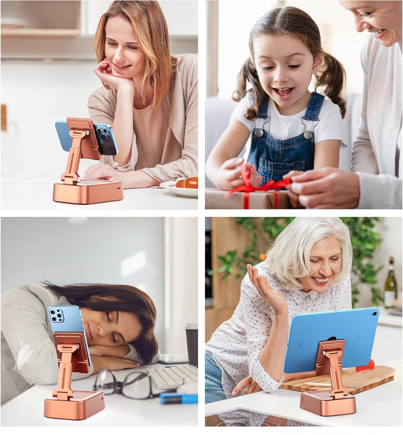 Gifts for Women Girls, Phone Stand with Bluetooth Speaker 360° Rotable Angel Adjustable Cell Phone Holder for Desk with HD Subwoofer Sound Fits All Phones,Tablets (Rose Gold)