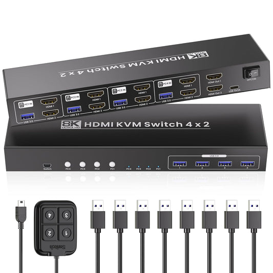 8K@60HZ 4K@120Hz HDMI KVM Switch 2 Monitors 4 Computers with 4 Port USB 3.0 Hub, 4 Port Dual Monitor HDMI KVM Switch for 4 Computers Share 1 Set of Keyboard, Mouse and 2 Monitors