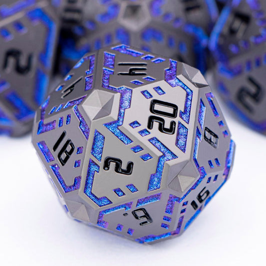 Metal DND Sci-fi Dice Set 7PCS Stripe Polyhedral Dice for Dungeons Dragons RPG Role Playing Game, Glitter D and D Dice with Gift Box D6 D8 D10 D12 D20 (Black&Blue Purple)
