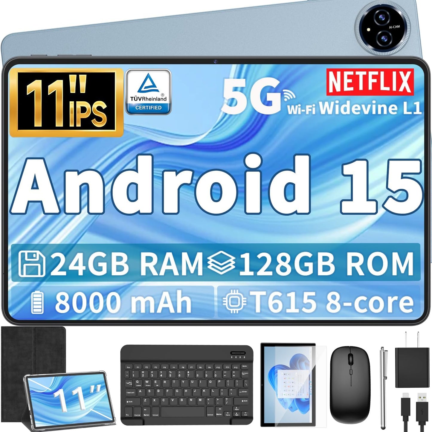 Android 15 Tablet, 11 inch Tablet with Keyboard, 24GB+128GB, 1TB Expand, Octa-Core, 2.4G/5G WiFi, 8000mAh, BT V5.0, GMS Certified, IPS Touch Screen, GPS, 2 in 1 with Case, Mouse, Stylus(Black)