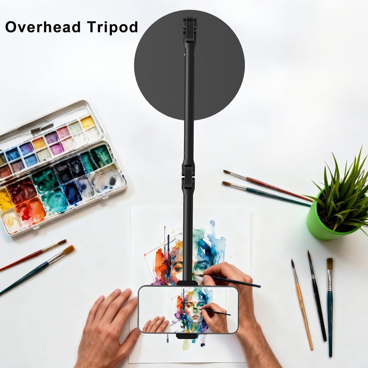 Overhead Phone Mount for Desk, 17" Long Arm Adjustable iPhone Holder, Heavy Duty Rotatable Stand for Video Recording, Live Streaming, Crafting, Cooking