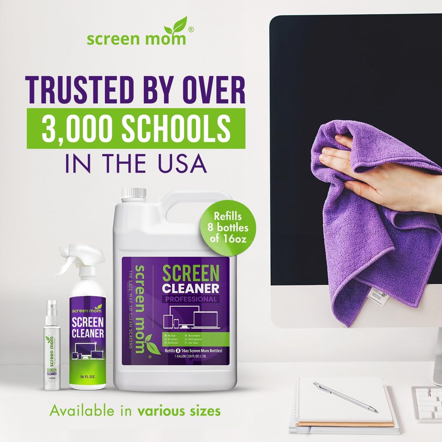 Screen Mom Screen Cleaner Spray and Microfiber Cloth 2-Pack (2x16oz) Screen Cleaner Spray and Wipe for TV, Computer, Phone, iPad, Car Screen Cleaning Kit Electronic Cleaner Spray
