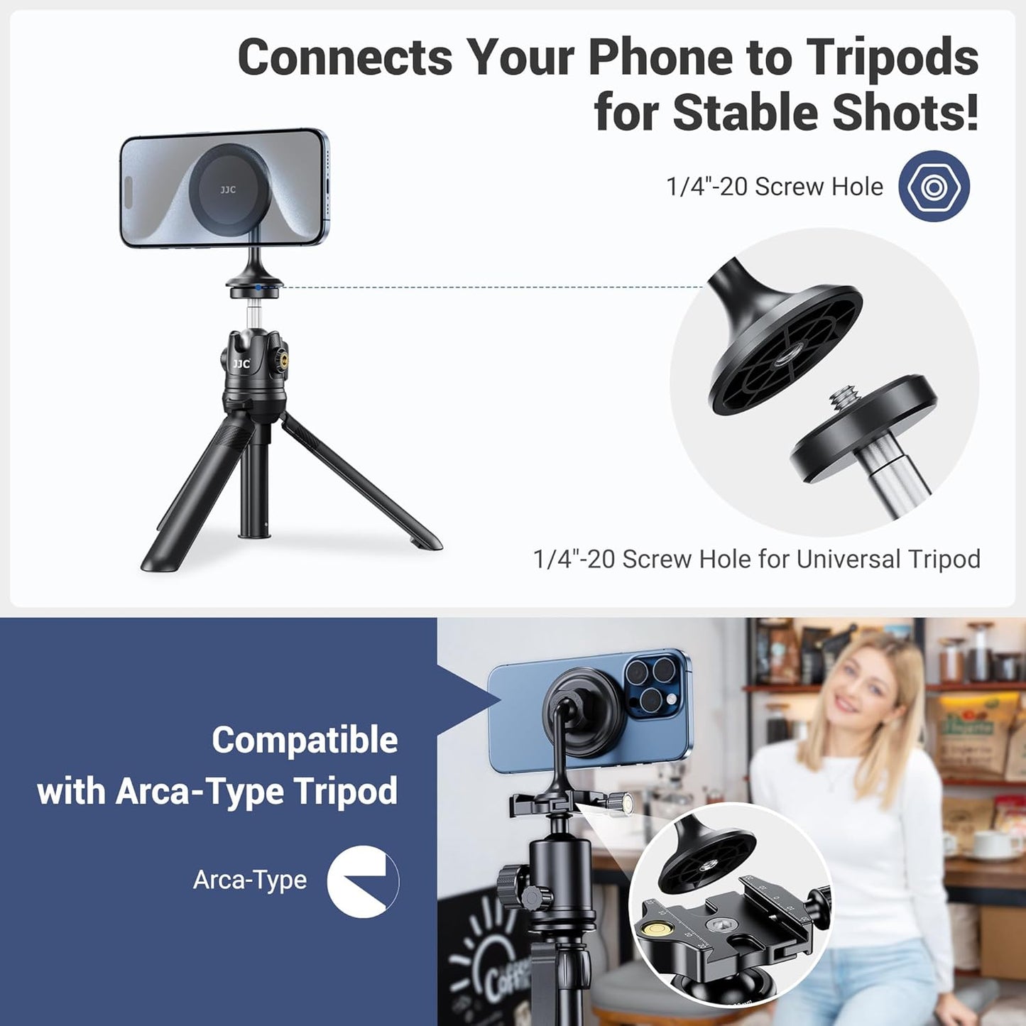 Magnetic Phone Tripod Mount Adapter with Arca Base&1/4" Screw Hole Compatible with MagSafe, 60° Tilt iPhone Tripod Holder for iPhone 17 16 15 14 13 12 Pro Max Plus, Selfie Stick Tripod Arca Ball Head