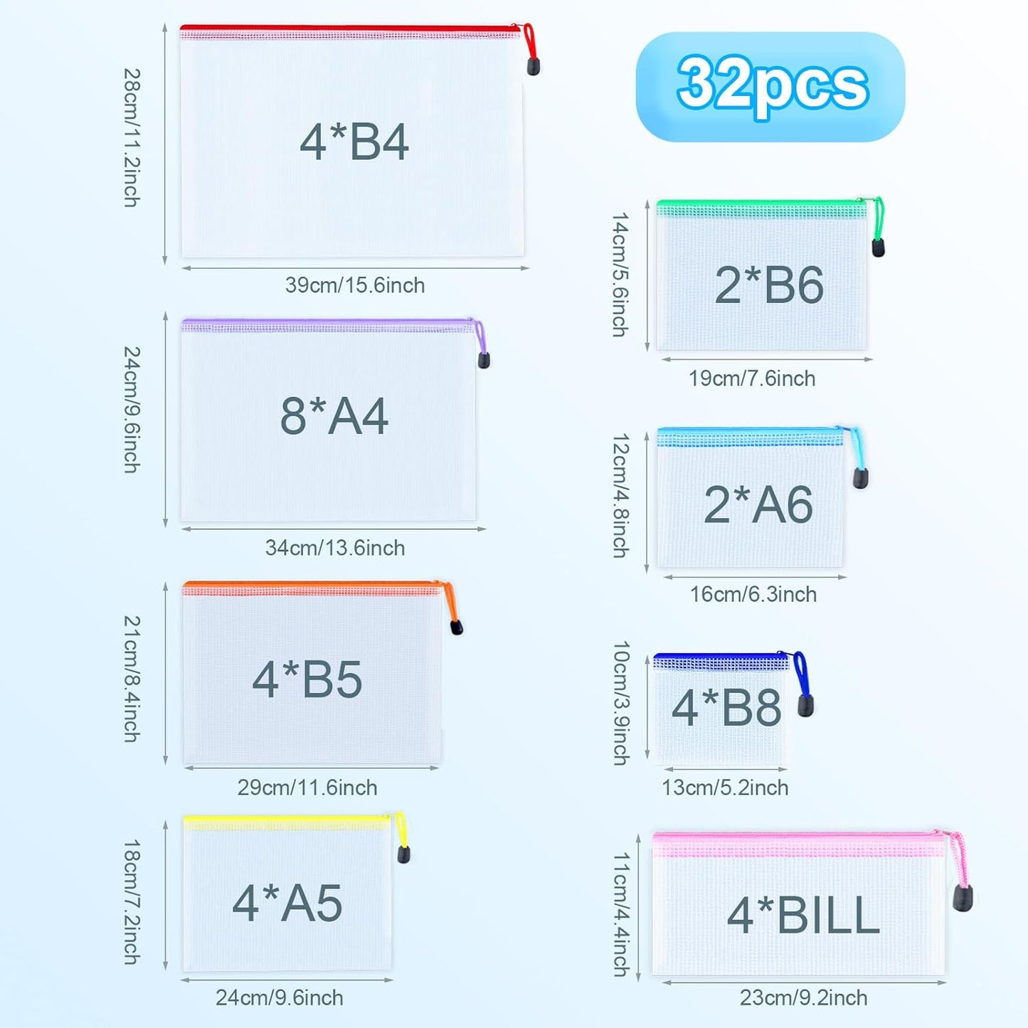 32pcs Mesh Zipper Pouch Bags, 8 Sizes, 8 Colors Zipper Pouches for Organizing, Board Game Storage, Travel, School Office