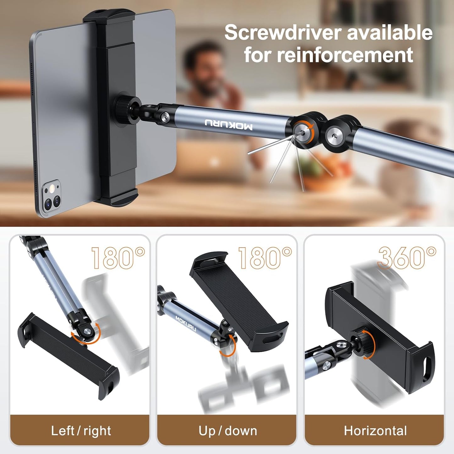 Tablet Floor Stand, Adjustable Tablet Stand, 360° Rotation Tablet Holder, Compatible with iPad, iPhone, Samsung, Google, Kindle Tablet/Phone, (4.5''-12'')