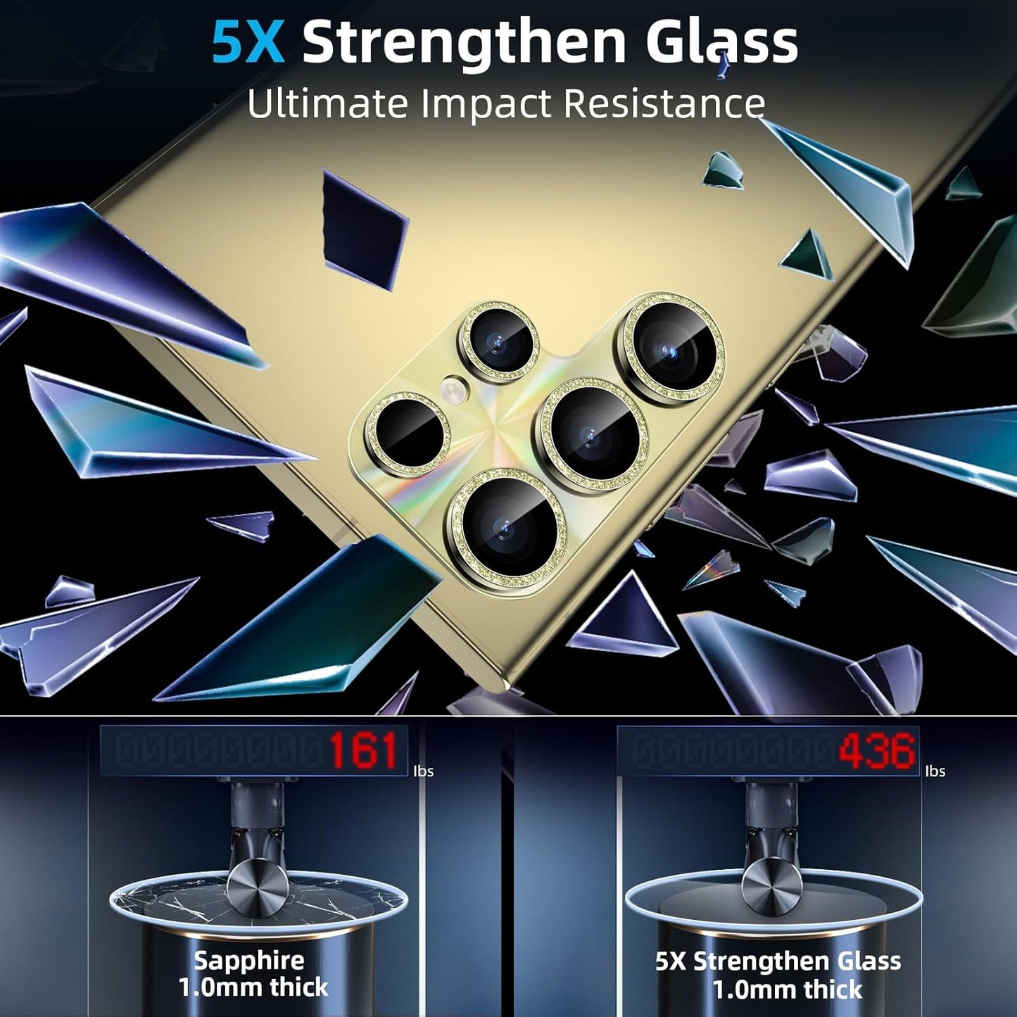 YWXTW Camera Lens Protector for Samsung Galaxy S24 Ultra, [Lithography Laser Gradient] [5X Strengthen] Bling Glitter Tempered Glass Screen Protector Metal Ring Camera Lens Cover (Titanium Yellow)