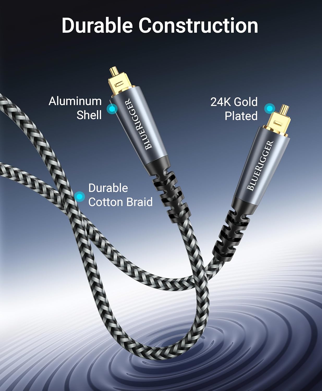 BlueRigger Digital Optical Audio Cable (10FT, Toslink Cable for Soundbar, Braided Fiber Optic, S/PDIF, Metal Shell) - Compatible with HomeTheatre, TV, Game Console (PS4, Xbox), DVR