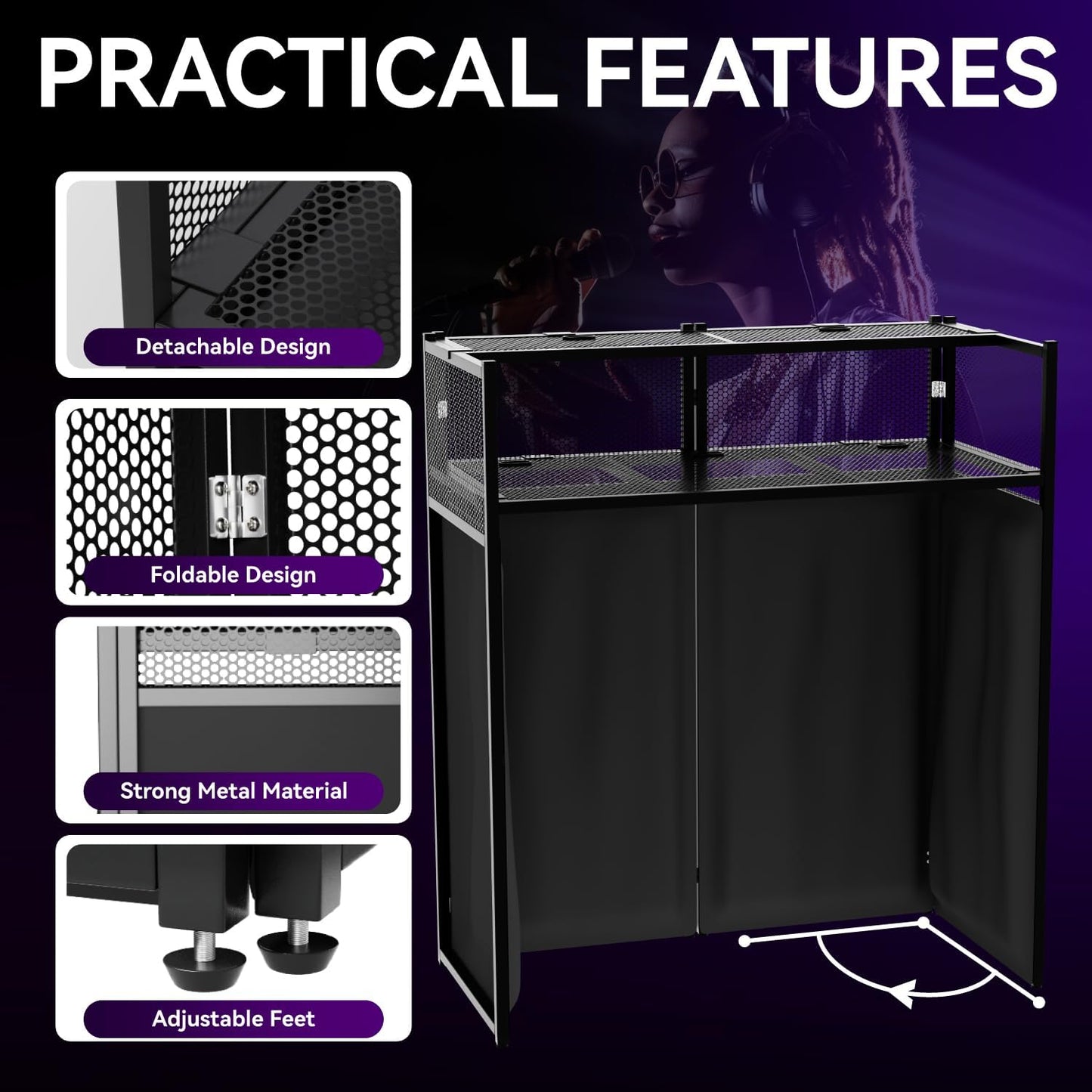 Portable DJ Booth Table,Foldable DJ Table Stand with White & Black Scrim,Adjustable DJ Facade Booth Station Metal Frame with Cable Hole for Private Events, Clubs, Bars (40x20 Double Deck)
