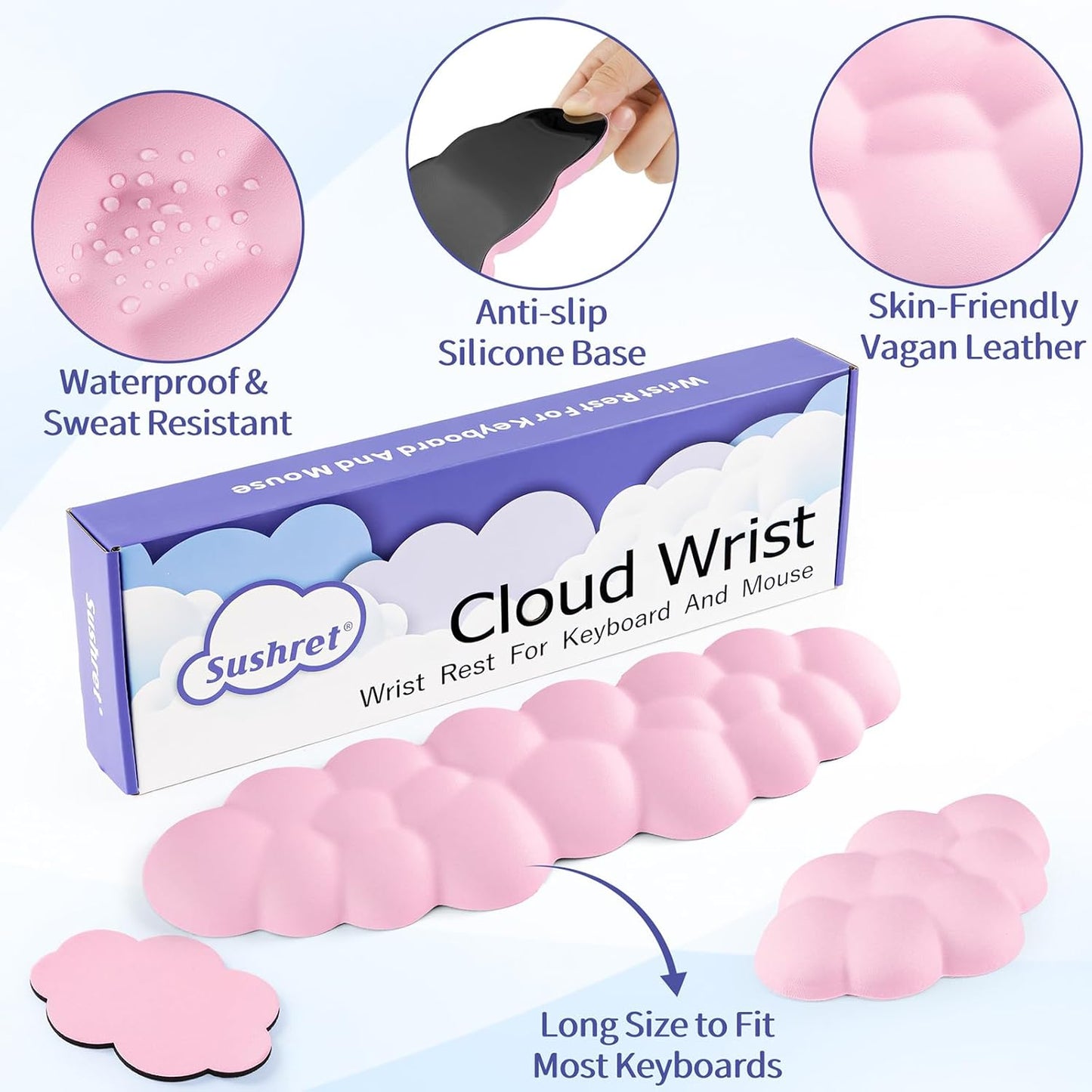 Cloud Wrist Rest Keyboard, Cloud Keyboard Wrist Pad Set with PU Leather Memory Foam, Cute Arm Rest for Palm Support, PC/Gaming Desk Accessories/Office Setup/Computer Hand Cushion - Pink