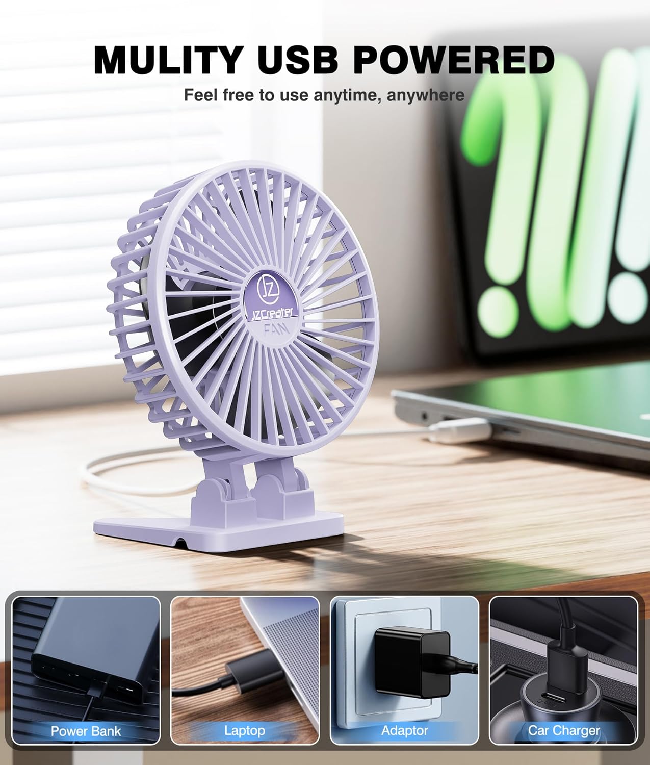 JZCreater USB Desk Fan, Mini Fan Portable, 3 Speeds Desktop Table Cooling Fan, Plug in Power Fan, Rotation Strong Wind, Quiet Personal Small Fan for Home Desktop Office Travel Bedroom, Purple