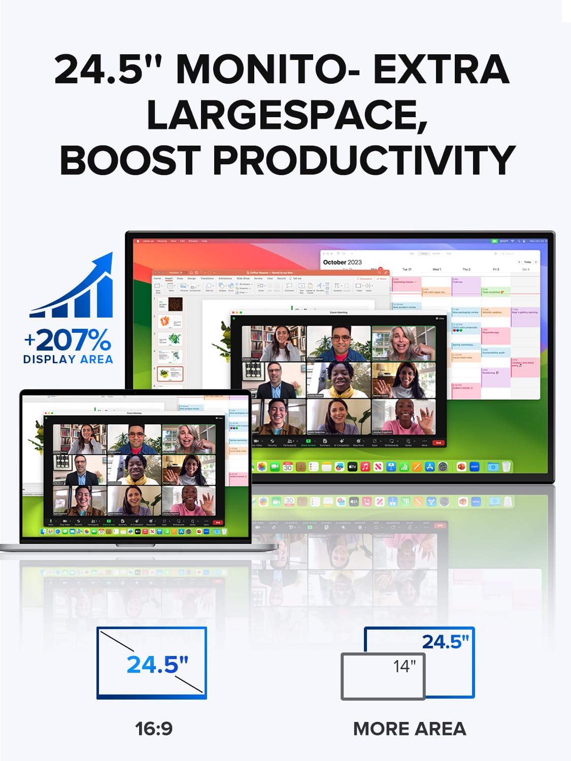 UPERFECT 24.5" Portable Monitor 240Hz Gaming Monitor 1200:1 Contrast FreeSync 1ms Fast IPS Large Screen, Built-in 180° Adjustable Stand/VESA, USB-C HDMI Second Screen for Laptop, Phone, Game Console