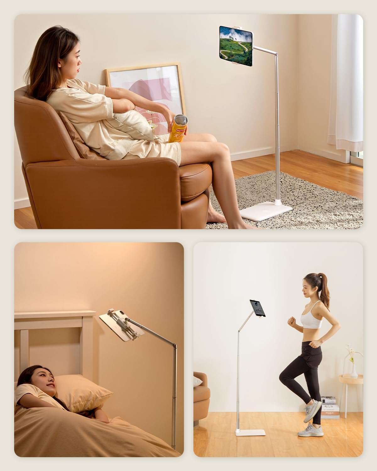 Extended Tablet Floor Stand, 360 Rotating Adjustable iPad Floor Holder with Long Flexible Arm, Compatible with 4-13" Devices, Stand for Bedside, Sofaside, Table, Desk (White)