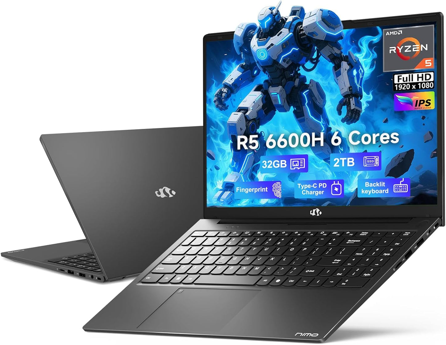 NIMO 15.6" IPS FHD-Gaming-Laptop, AMD Ryzen 5 6600H 6-Cores 660M GPU 32GB DDR5 RAM 2TB SSD(Beat i7-1165G7, Up to 4.5GHz) Computer with 100W GaN Type C Fingerprint Backlit Keyboard Win 11