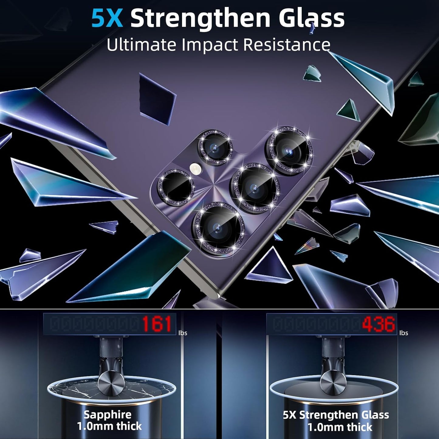 YWXTW Camera Lens Protector for Samsung Galaxy S24 Ultra, [Lithography Laser Gradient] [5X Strengthen] Bling Glitter Tempered Glass Screen Protector Metal Ring Camera Lens Cover (Titanium Violet)