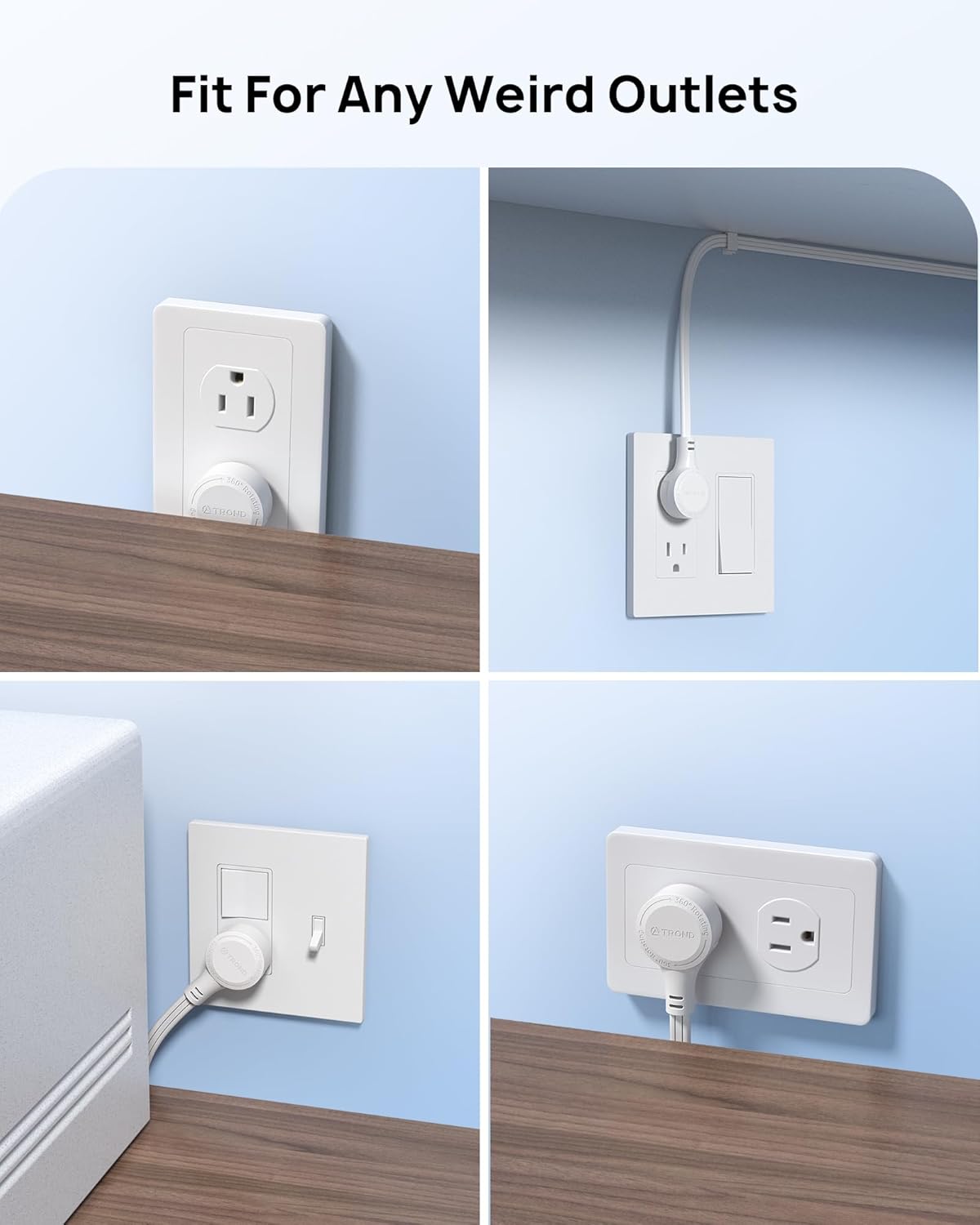 TROND 360° Rotating Flat Plug Extension Cord Surge Protector 3ft, Small Power Strip with 900 Joules, Three Side Grounded Outlets, 13A, 16 Gauge Wire, for Indoor Home Office Dorm Room Travel, White