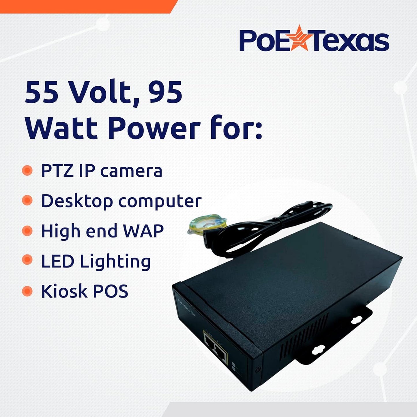 Poe Texas PoE Injector - 802.3bt PoE++ Single Port Power Over Ethernet Injector - Active PoE Adapter with 55V 95W Output - 10/100/1000 Gigabit Data - Mode A/B Wall Mount Plug & Play