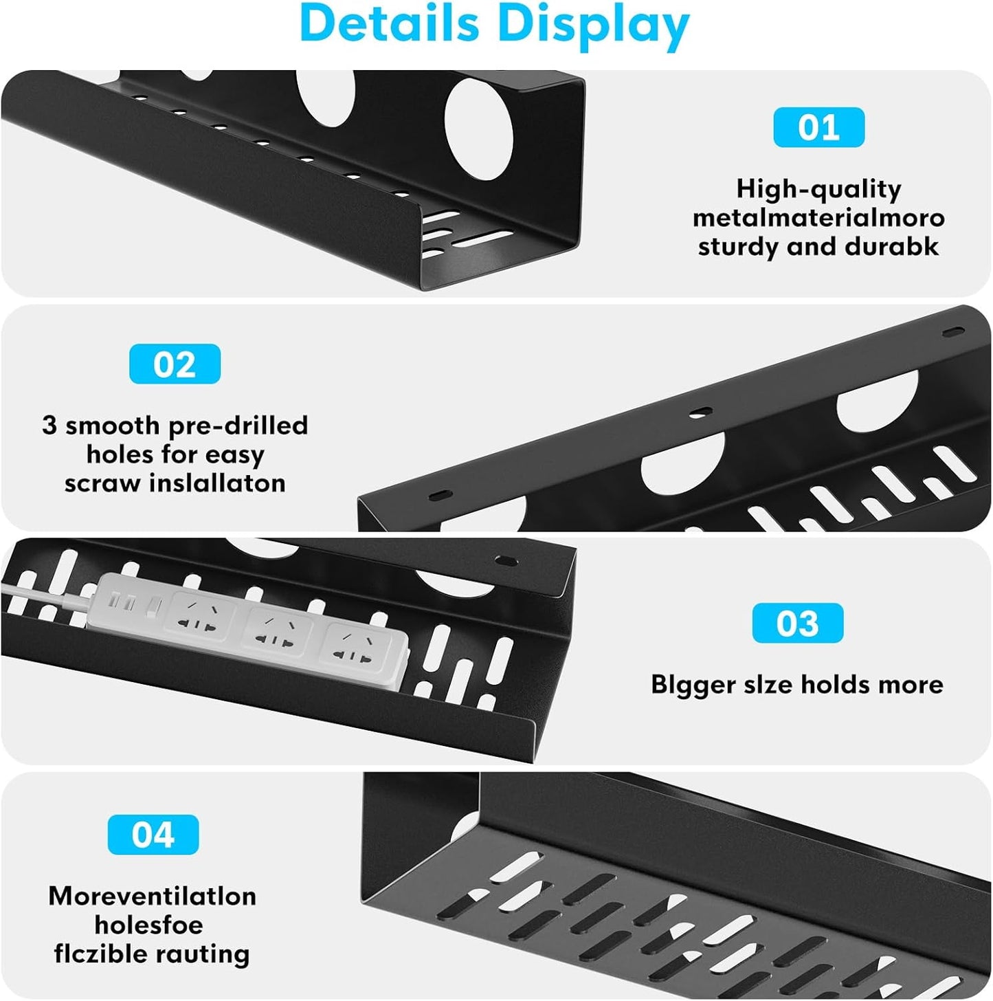 Self-Adhesive Under Desk Cable Management Tray 2 Pcs Steel Under Desk Wires Organizer Power Strip Management No Drill Under Table Organizer for Cable Storage Holder for Office Home Desk/Table