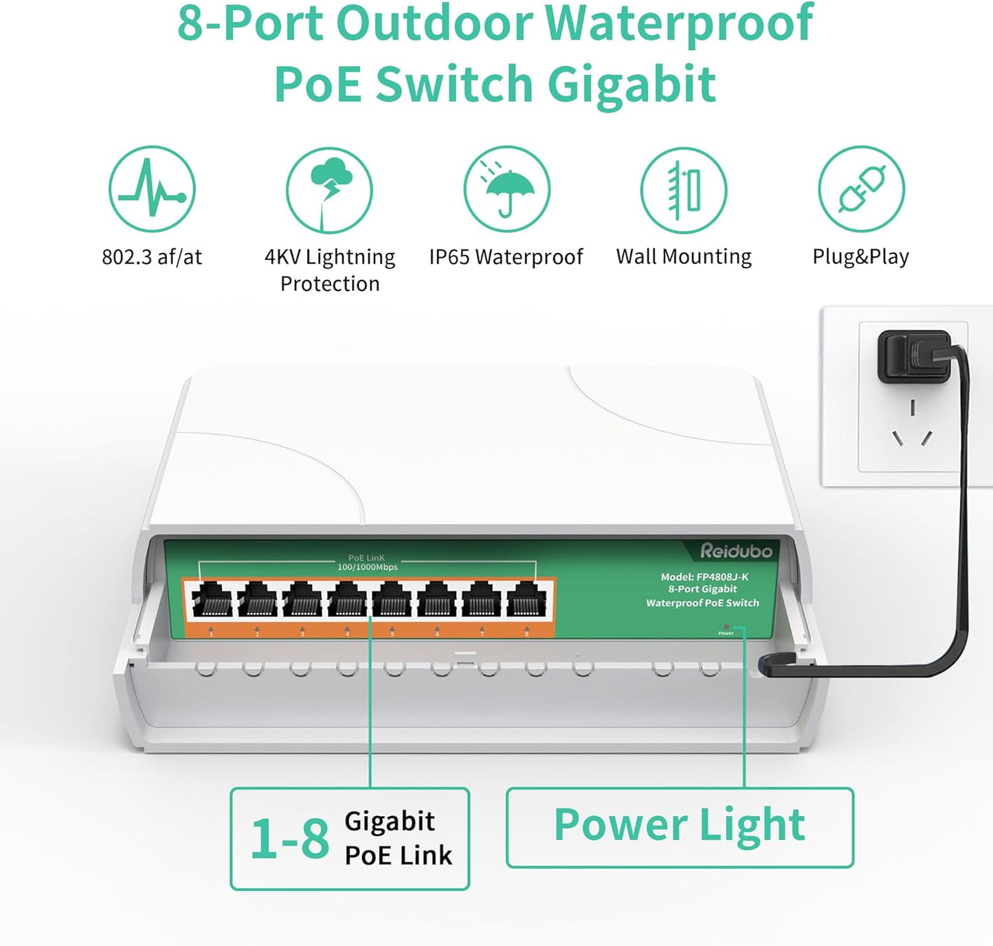 8 Port Gigabit PoE Switch Waterproof, 1000 Mbps 8 PoE+ Ports 120W, IEEE802.3af/at Power Over Ethernet Unmanaged Outdoor Network Switch, Plug & Play