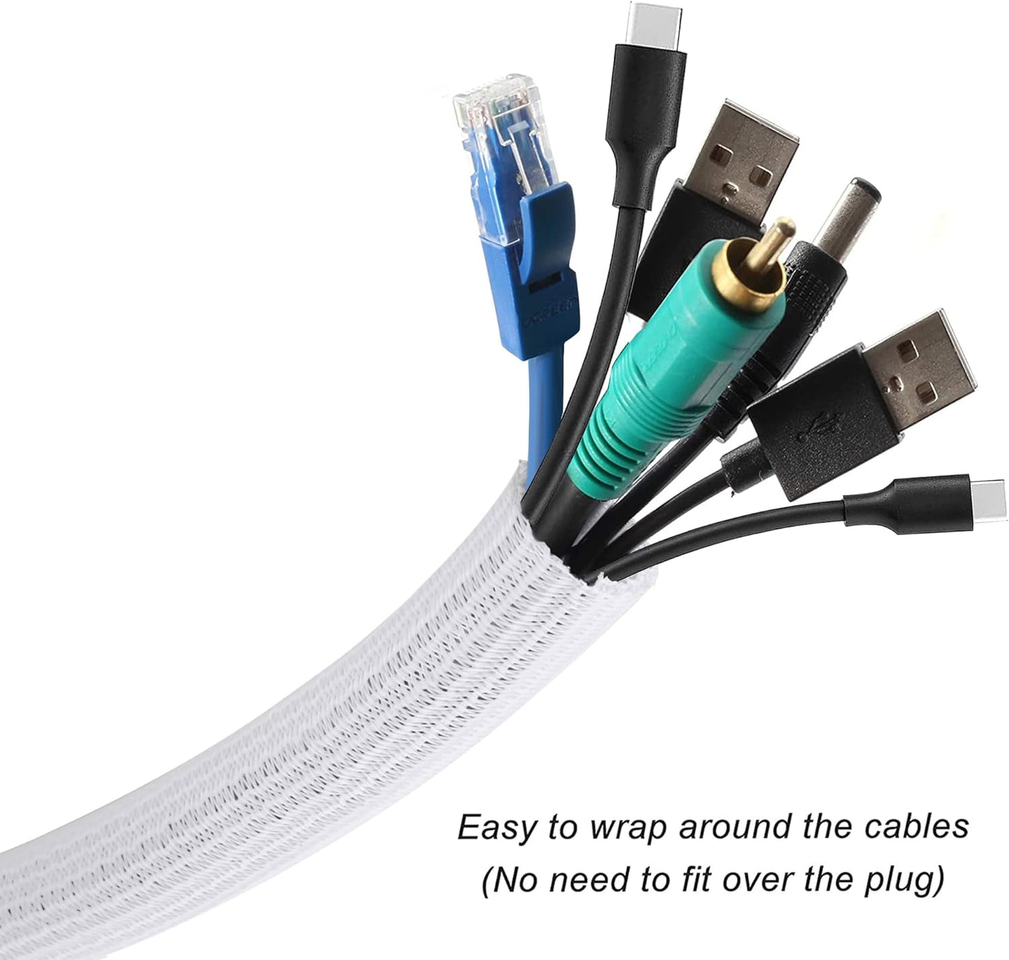 CrocSee 25ft - 1.25 inch Braided Cable Management Sleeve Cord Protector - Self-Wrapping Split Wire Loom for TV/Computer/Home Theater/Engine Bay - White