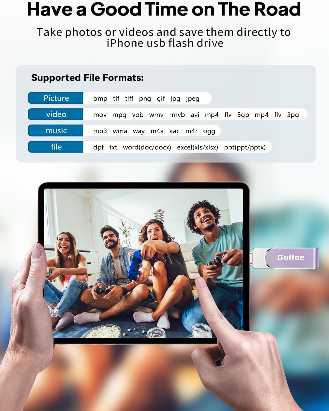 Gulloe 256GB Flash Drive Intended for iPhone, Memory Stick Storage for Photos and Videos Backup, Compatible with iPhone iPad Android PC, Plug and Play, No Application Required (Purple)