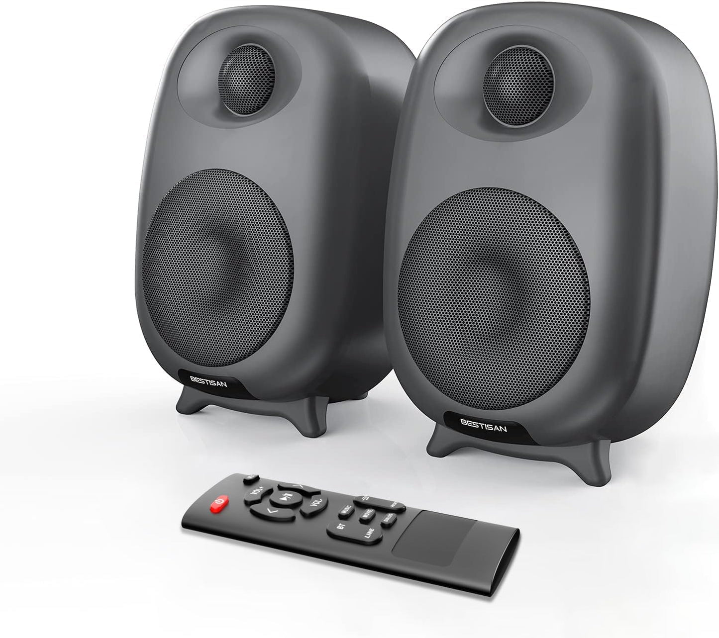 BESTISAN Bookshelf Speakers, 60 Watt Powered Studio Monitor Speaker with Bluetooth 5.0 and Wired Optical Line in Input Port, Bass and Treble Adjustable, Deep Bass, 3 Audio Mode Design (Gray)