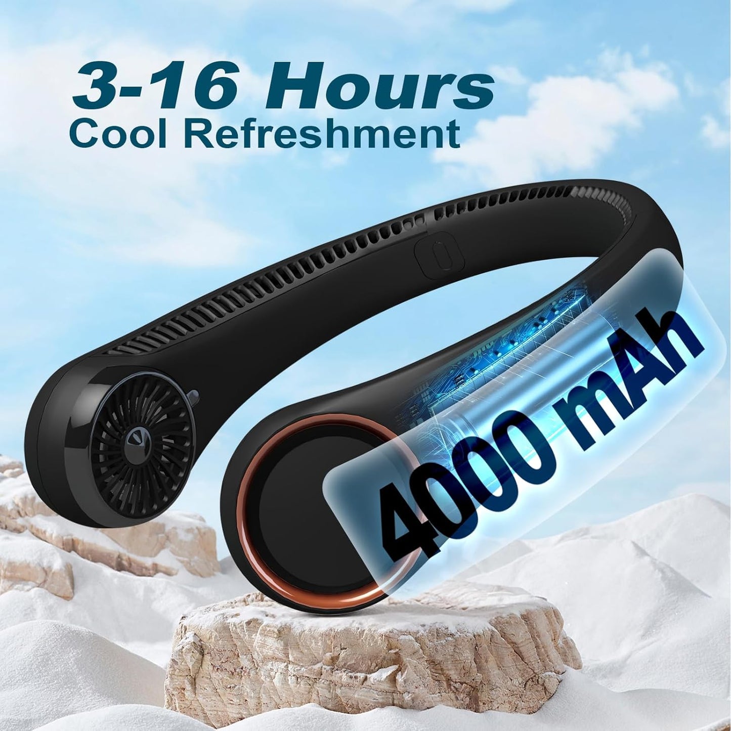 CIVPOWER Neck Fan: Portable Personal Neck Cooling Rechargeable Bladeless Fan - Hands Free 3 Speed 4000 mAh Battery USB Operated Wearable Headphone Design - for Men Women Outdoor Indoor (Black)