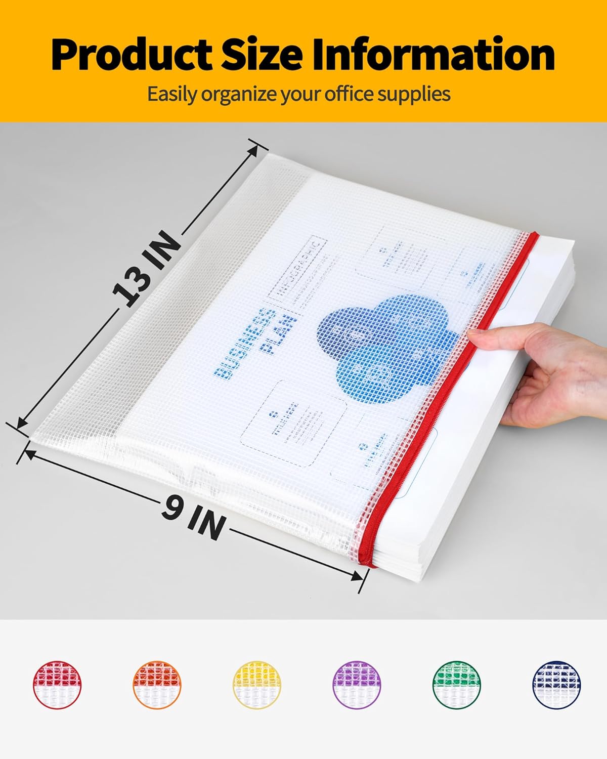 SUNEE Plastic Mesh Zipper Pouch 9x13 in (6 Colors, 12 Packs),Extra Large Water-Resistant Zip Bag for School Office Supplies, Puzzles & Games Organizing Storage