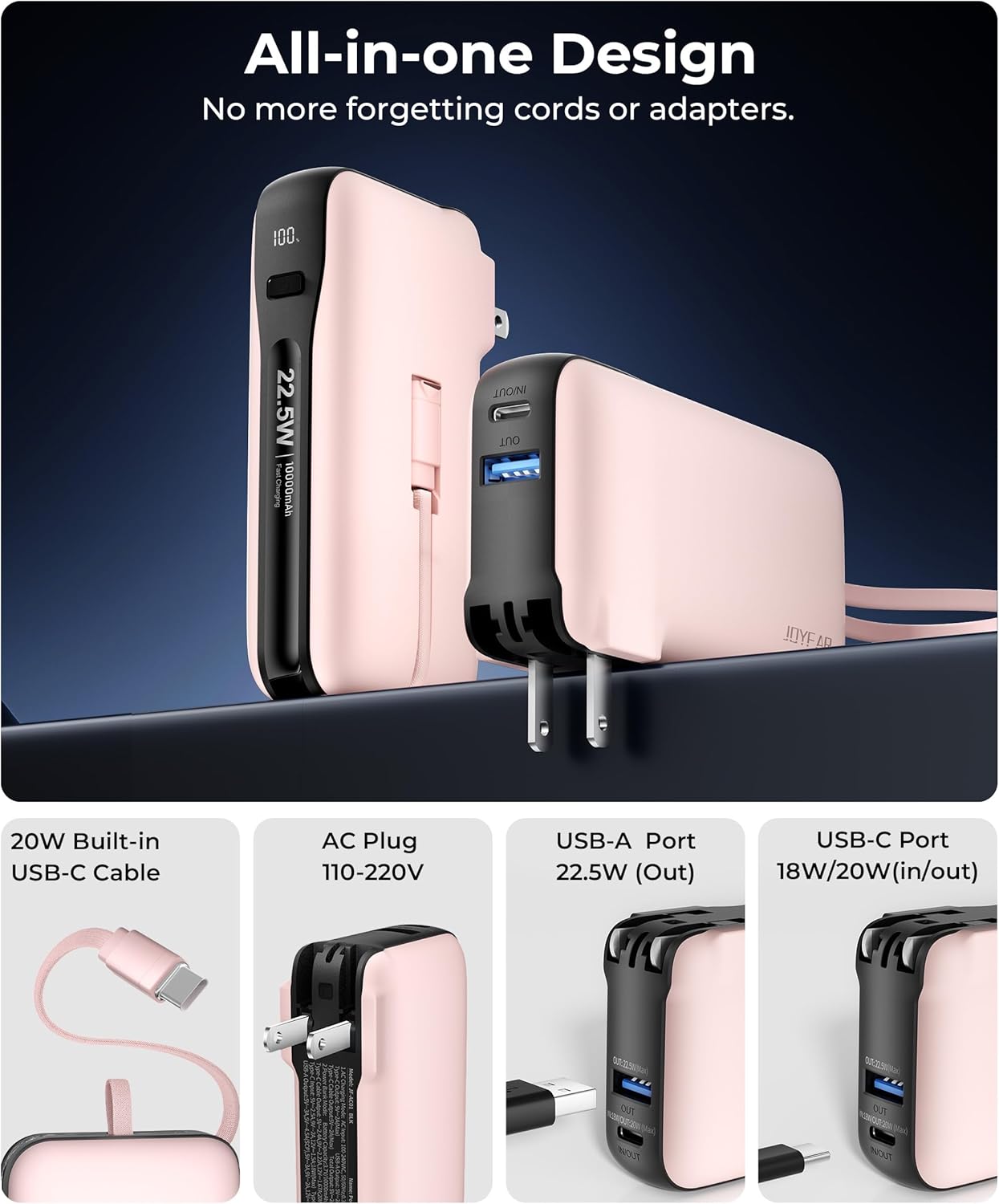 1 Pack Portable Charger with Built-in USB-C Cable & Plug, 10,000mAh 5V/4.5A Power Bank Fast Charging 22.5W, Travel Essential Battery Pack 3 Output for iPhone 16/15 Series, Samsung Galaxy, iPad