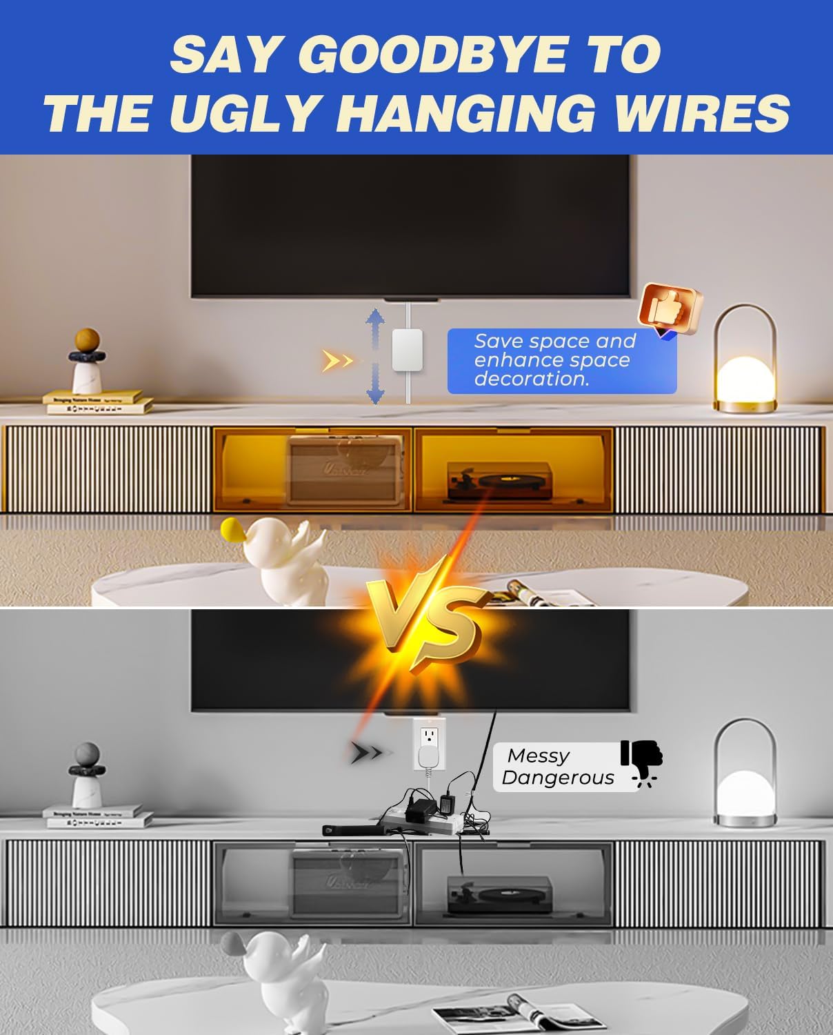 Saker Outlet Cover Extension Cord | 10ft Flat Extension Cord with 3 Outlets,1625W | Universal Size Outlet Concealer | Outlet Cover Baby Proofing for Kitchen, Home and Office(Dual 10ft)