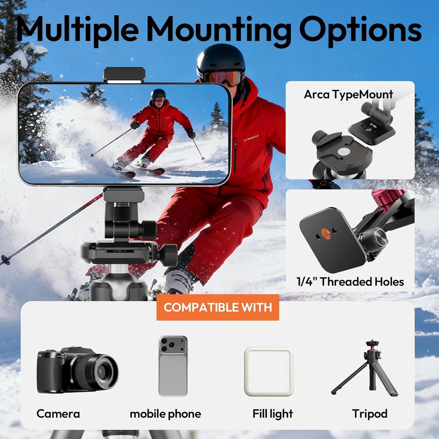 ULANZI MA51 Metal Phone Tripod Mount, Phone Clamp with Arca UKA Base, Cold Shoe, Arri Locating Holes, 360° Swivel 180° Tilt, Cell Phone Holder Compatible with iPhone 17 16 15 14 Samsung Cell Phone