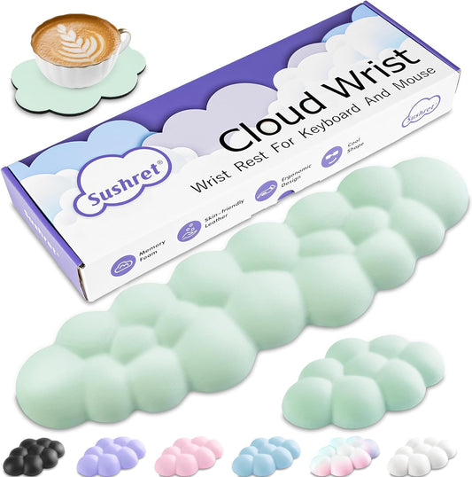 Cloud Wrist Rest Keyboard, Cloud Keyboard Wrist Pad Set with PU Leather Memory Foam, Cute Arm Rest for Palm Support, PC/Gaming Desk Accessories/Office Setup/Computer Hand Cushion - Light Green
